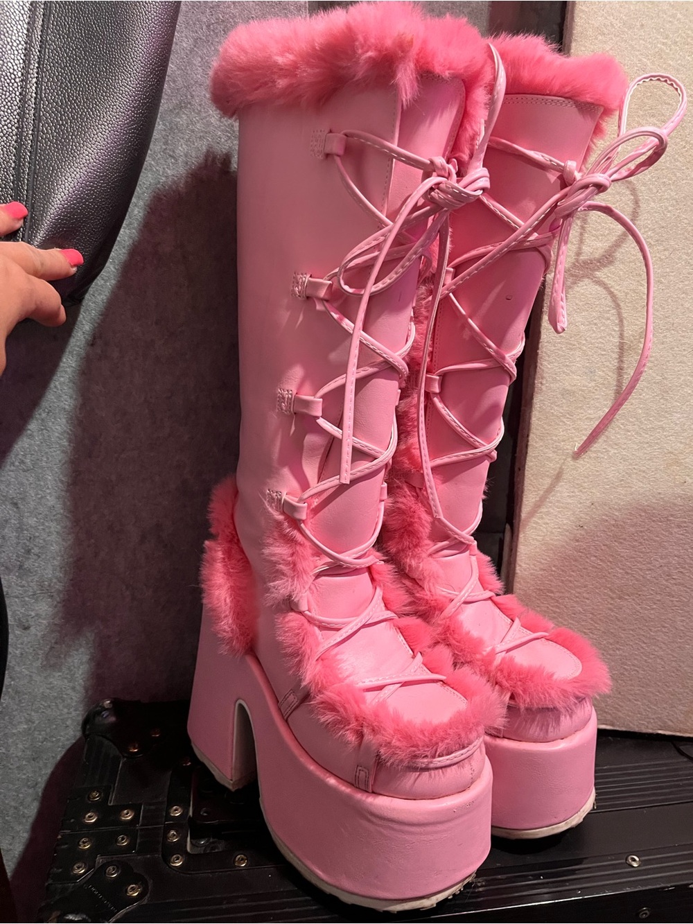 Demonia Pink Faux-Fur Platform Lace-Up Knee Boots